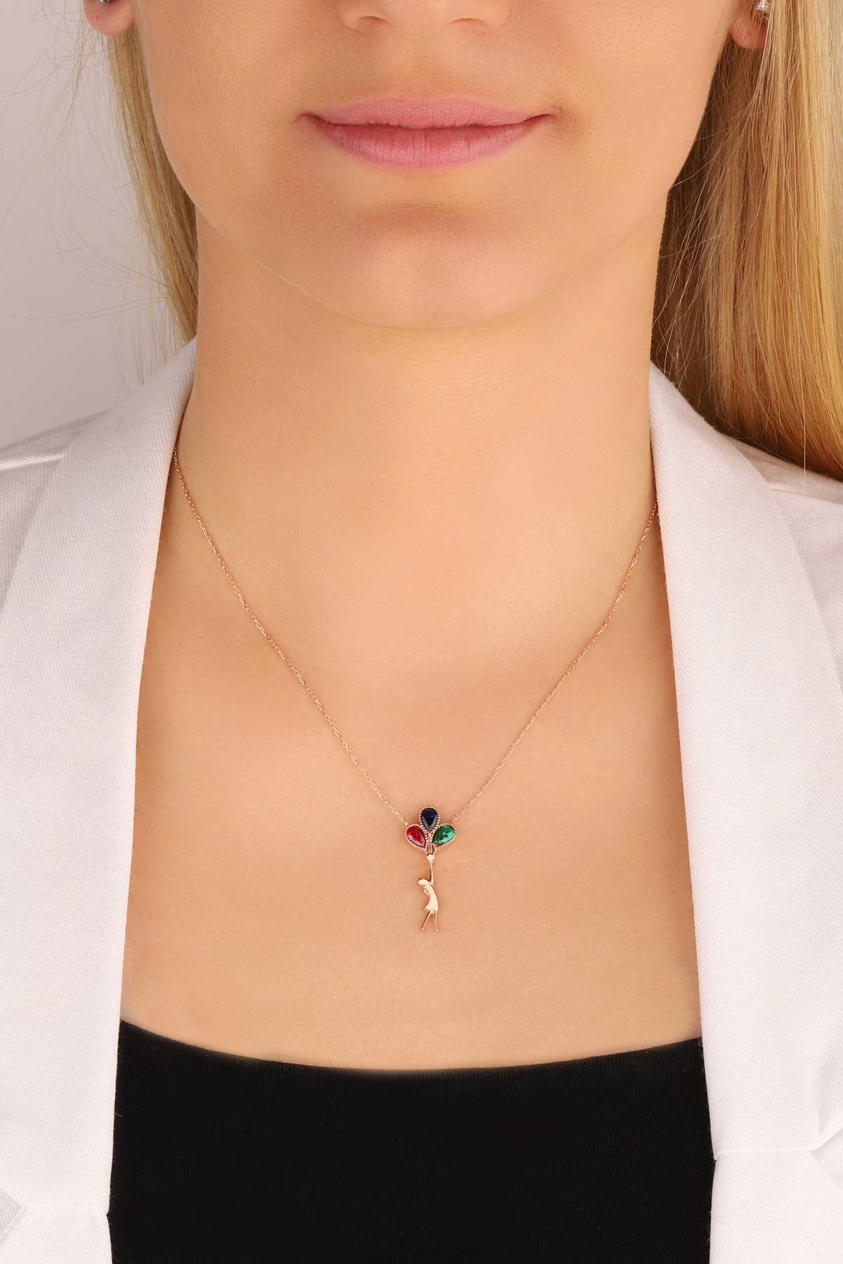 925 Sterling Silver Rose Gold Vermeil Multi Colour Stone Baloon Necklace